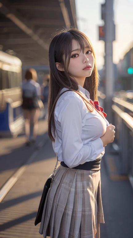 (masterpiece:1.2, Highest quality), Bokeh, 1 high school girl,
(Japanese Idols:1.6), Plump breasts, Blushed, Looking at the audience, Standing on the train tracks, High School Uniform:1.6), sunset, close,