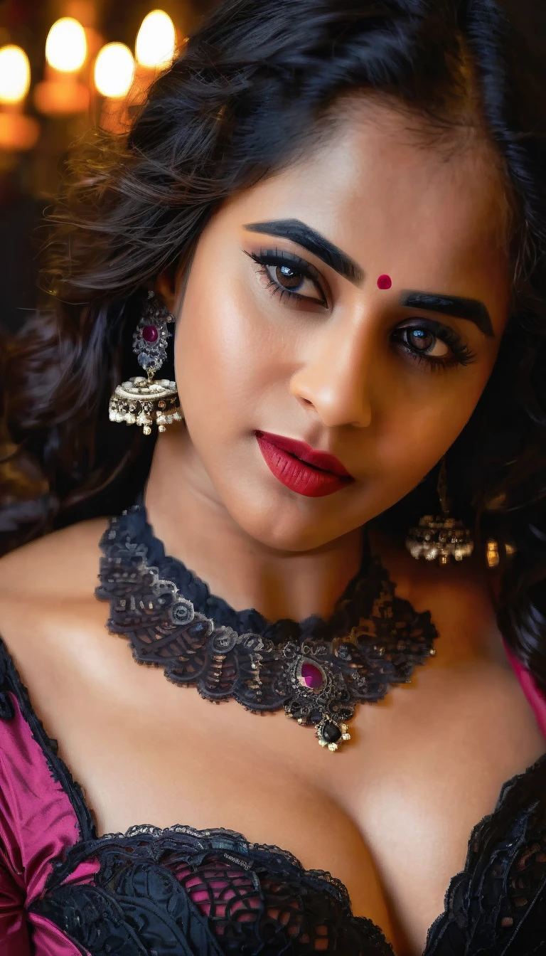 a Indian woman in a black lace corset,beautiful detailed eyes,beautiful detailed lips,extremely detailed face,longeyelashes,eye-catching cleavage,hourglass figure,dusky skin,intricate lace pattern,dramatic chiaroscuro lighting,cinematic composition,oil painting,vibrant colors,dramatic shadows,moody atmosphere,(best quality,4k,8k,highres,masterpiece:1.2),ultra-detailed,(realistic,photorealistic,photo-realistic:1.37) Deepthi
