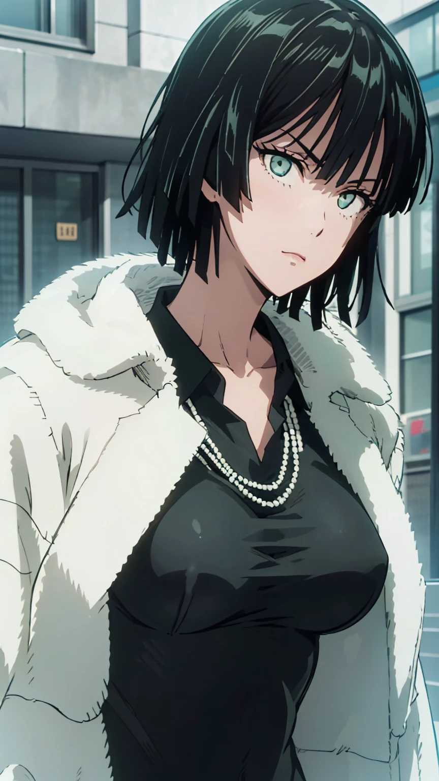 (((pixel-perfect, detail-perfect))), solo, 1girl, fubuki, fur coat, collared dress, collarbone, necklace, looking at viewer, closed mouth、破れた服、NSFW