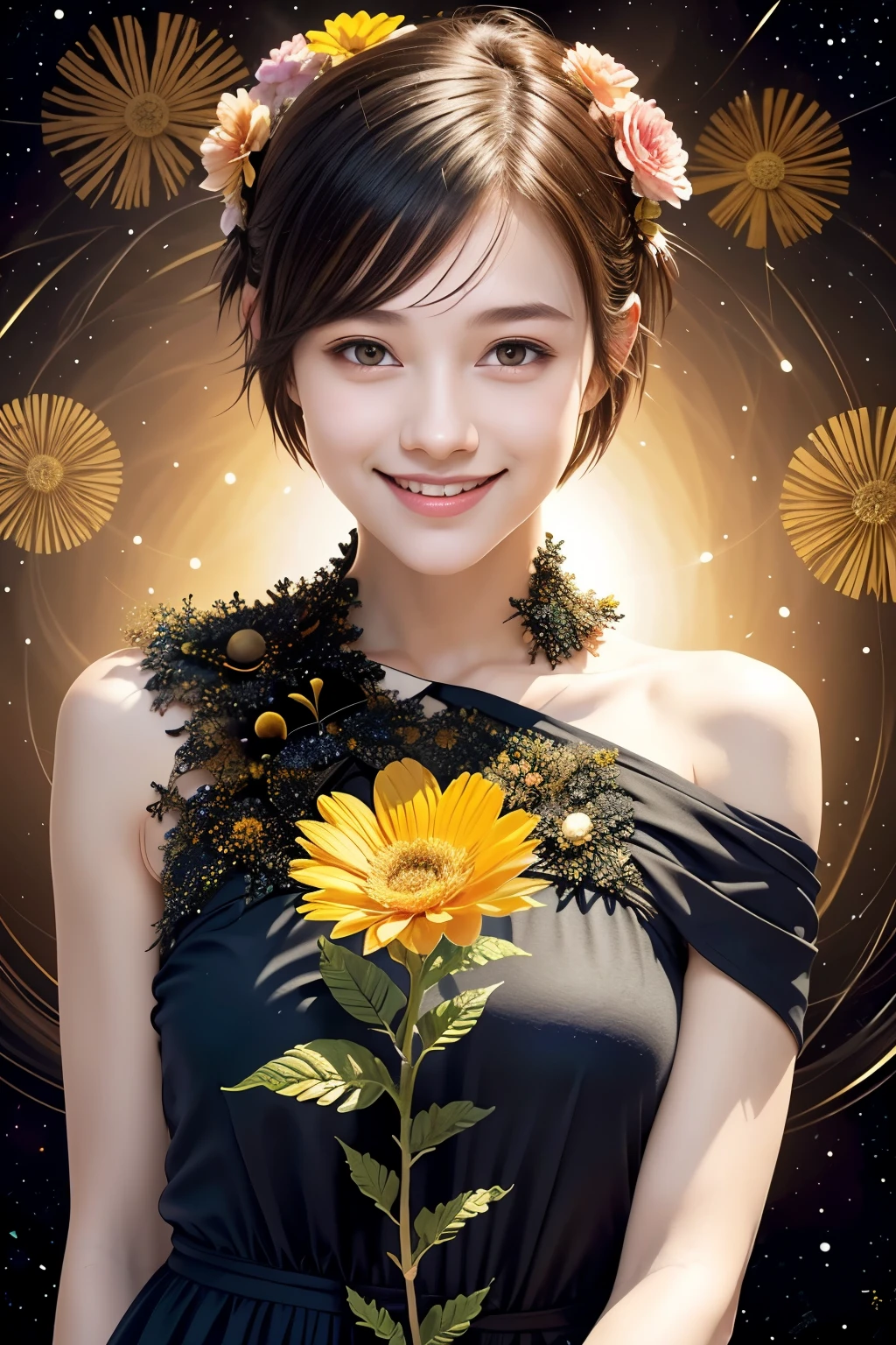 257 20-year-old female, (short hair),(Abstract background,Fractal Art), smile, flower