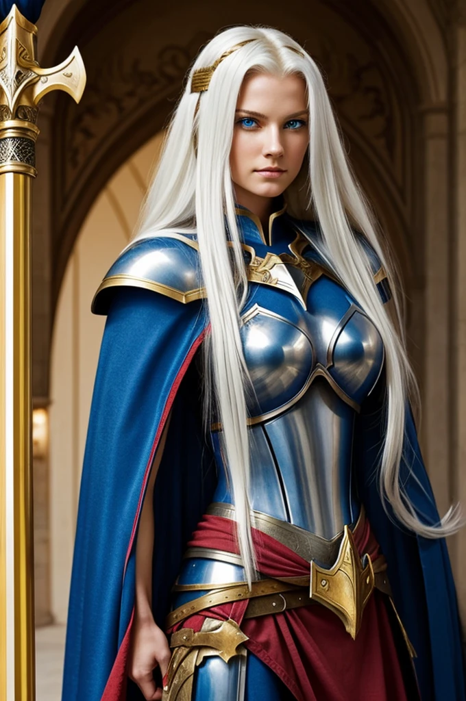 Beautiful American noble knight woman with long white hair, falling to her waist. His blue eyes are bright. He wears golden armor with red accents, a black cape, and holds a sword.

 big butt and big bust