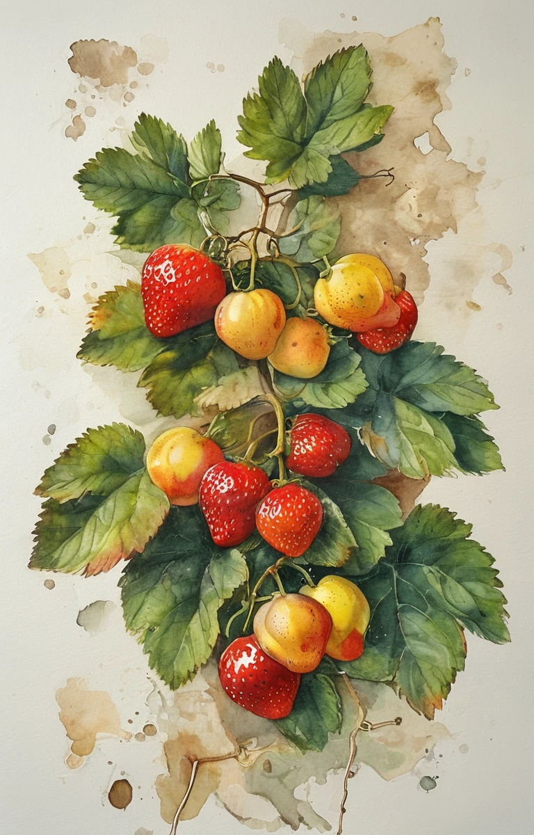 a sprig of a some strawbery fruit in watercolor style, against solid white isolated color, in style of Michelangelo Buonarroti