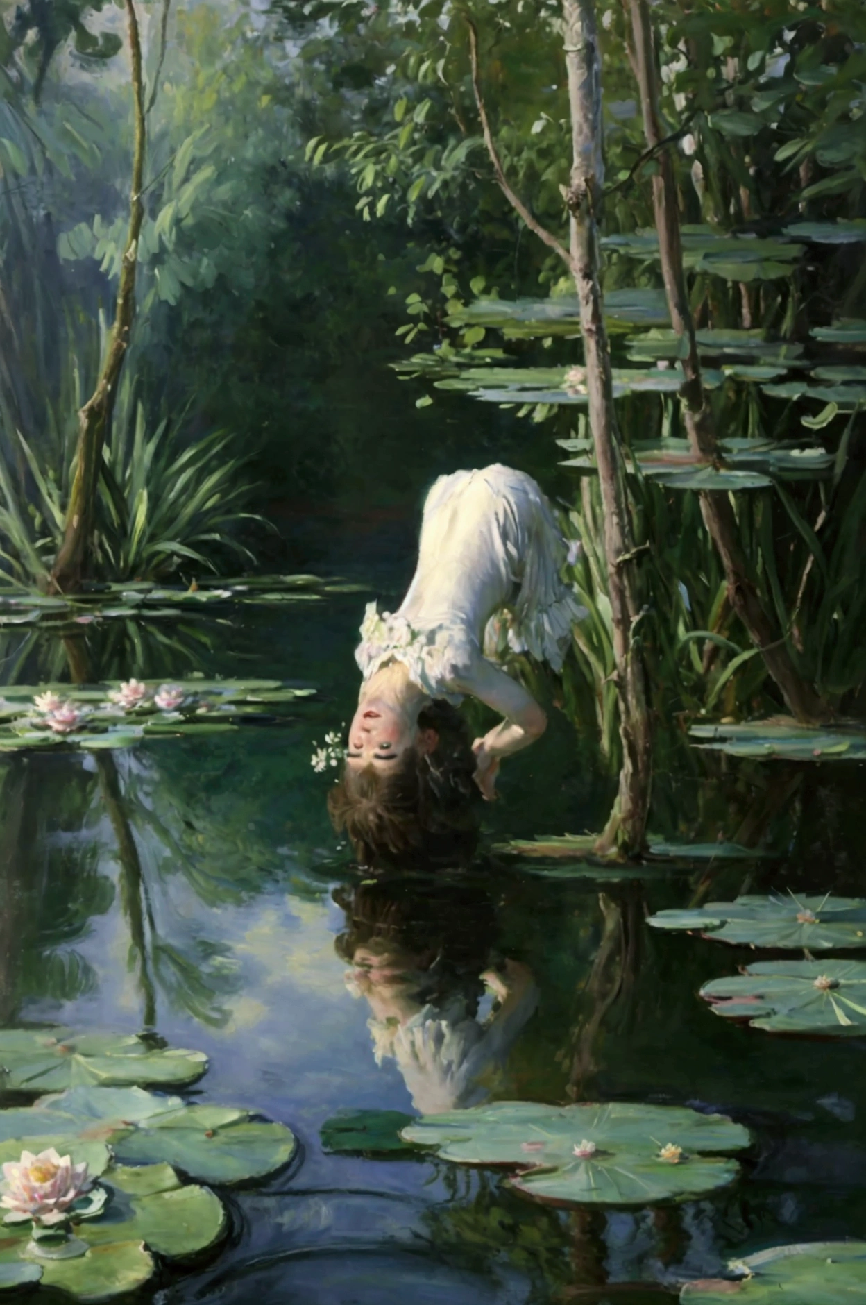 A man doing a handstand underwater, only his feet are above the water. Man's legs, lakeside, forest visible in the distance, dead man's legs, tai chi, lifelike, scp-173, bone-on-bone contact, reflexes, The Inugami Family, a painting of water lilies in a pond of water, monet painting, claude monet), impressionist art, by claude monet, by Claude Monet, impressionism painting, impressionist painting, water lilies, monet painted, impressionist artists, impressionism, an impressionist painting, by Blanche Hoschedé Monet, style of monet, impressionism and expressionism, charles monet, french impressionism