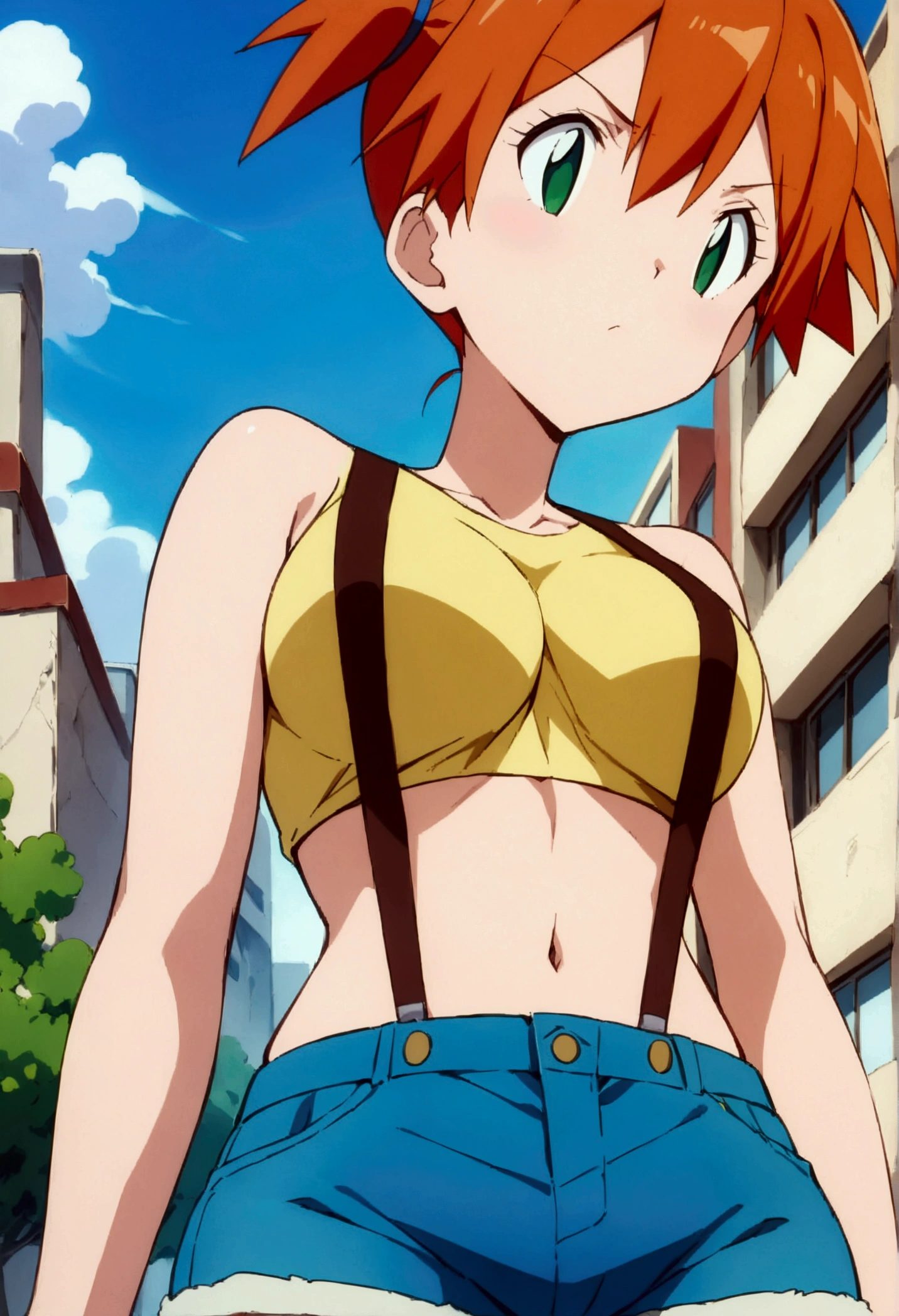 (score_9, score_8_up, score_7_up), (best quality, masterpiece),perfect anatomy,aesthetic,very aesthetic,official style, ultra-high resolution,source_anime.from below,below view,face focus ,,standing ,  (mature) ,1girl, Outdoor, Green Eyes, Orange Hair, , Yellow Shirt, Sleeveless shirt,stomach, Denim shorts, suspenders,   (slender), ,(Composition),,(Standing pose)
