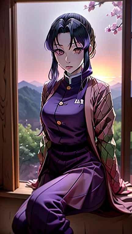 demon slayer anime style,  Kotouji Agamaki, 1 girl 22 years old, serious and calm with gold eyes and pronounced eyebrows, Long straight braided hair surrounding your hair, dark purple hair with the most striking violet tips and two side sideburns of hair and long bangs, She wears a long-sleeved hunter uniform with a dark magenta skirt and everything., a katana, a black japanese coat with gold floral).   Kimetsu no yaiba anime. Sitting on her legs, in a fic, next to a window from head to toe with landscape background of a cherry tree and a sunset,