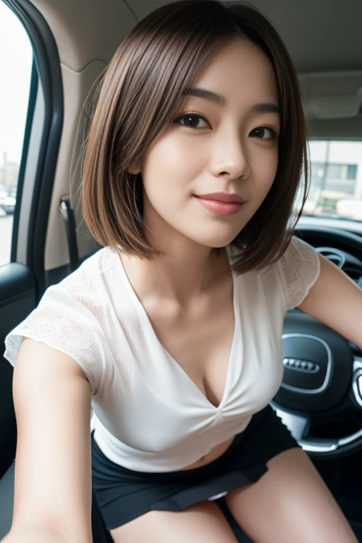 (RAW Photos), (Photorealistic), (masterpiece), (Highest quality), High resolution, 8k resolution, (Exquisite detail), (Volumetric Light), woman, Age 35, short hair, Straight hair, Brown haired, Very thin, Very white and clear skin,Highly detailed eyes, Source Sequence, Very thin eyebrows, eyelash,The ultimate beauty,Cute like an idol, smile, (上品で透明感のあるWhite blouse), Random body orientation,Medium chest,Beautiful Japanese office lady, White blouse,Ultra-mini pleated skirt, Lace pantyhose, Random Color, Cute Face, Real Light, Correct Anatomy, Riding a bike 1.4、City bike, Very low saddle, Sit on the saddle、Grip the steering wheel with both hands,Look straight ahead,womanは視聴者を見ていない, Pedaling, From below1.4、(((Low angle 1.4))), In the city, There is a strong headwind, Skirt flipped up, (((Her panties are visible))), Beautiful long legs, (((かなりFrom below1.4))), Thin thighs, Viewers looking up,From below,From below,(((low angle full body shot, from below angle, focus saddle, zoom from ground height,dog eye height))), not forward leaning posture, Not a car, From the back, 視聴者はFrom below見上げる