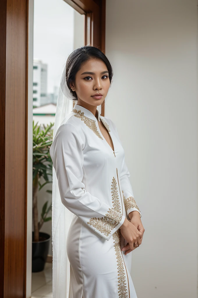 portrait of a Malay woman wearing a white kebaya