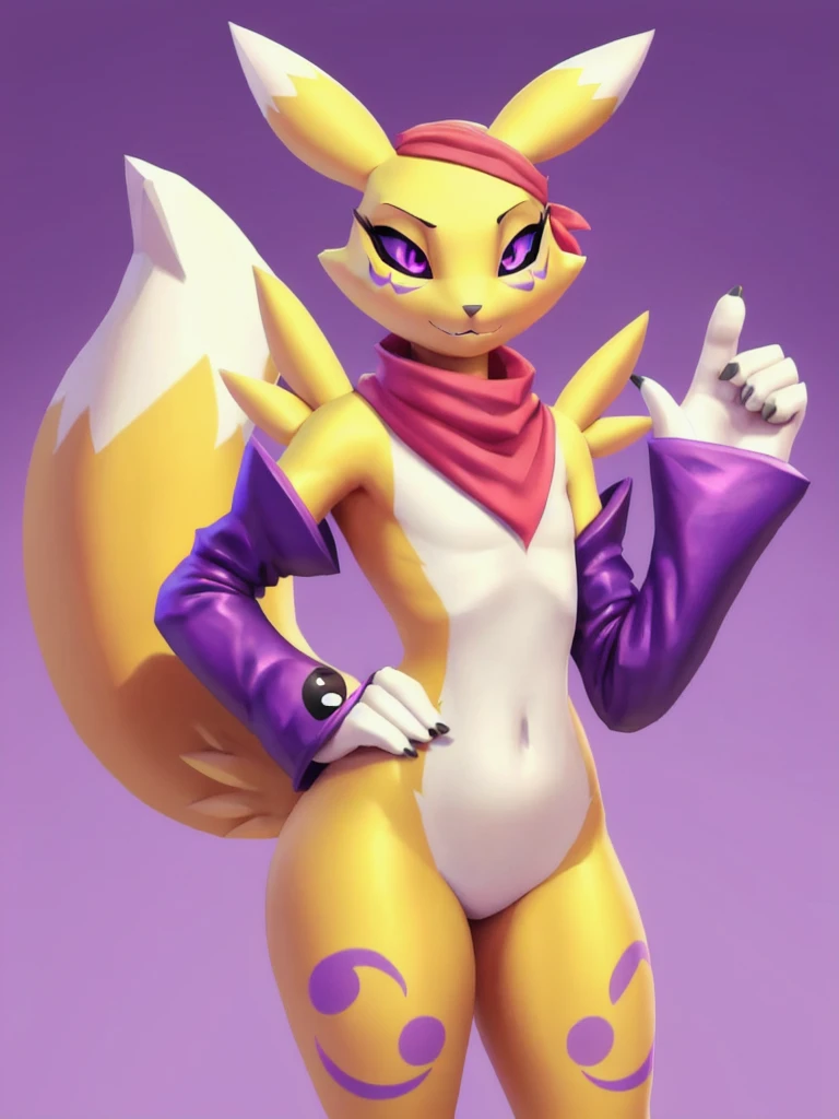 art by lemurfeature, (three fourths angle), ((fortnite art style)), (cute, female, ((renamon) and seductive eyes)), (wearing ((red bandana)) low poly), (wide cartoon eye sclera by pixar and tom fishbach), BREAK,
sleeves, ((low poly)), ((detailed low poly tail)), ((hip out)), furry, anthro, spread ears, solo, stand, pose, (right hand on hip), (left arm relaxed), (smirk smile), BREAK,
(colorful), fortnite menu, (((gradient (pink) and purple background))), high saturation, art by personalami, 3D, render, computer shading:2, BREAK,
multicolored body, cell shaded:.5,  ((masterpiece)), epic realistic, soft lighting, detailed fur, (intricate details), hdr, shiny skin:.25, small breasts, BREAK,
