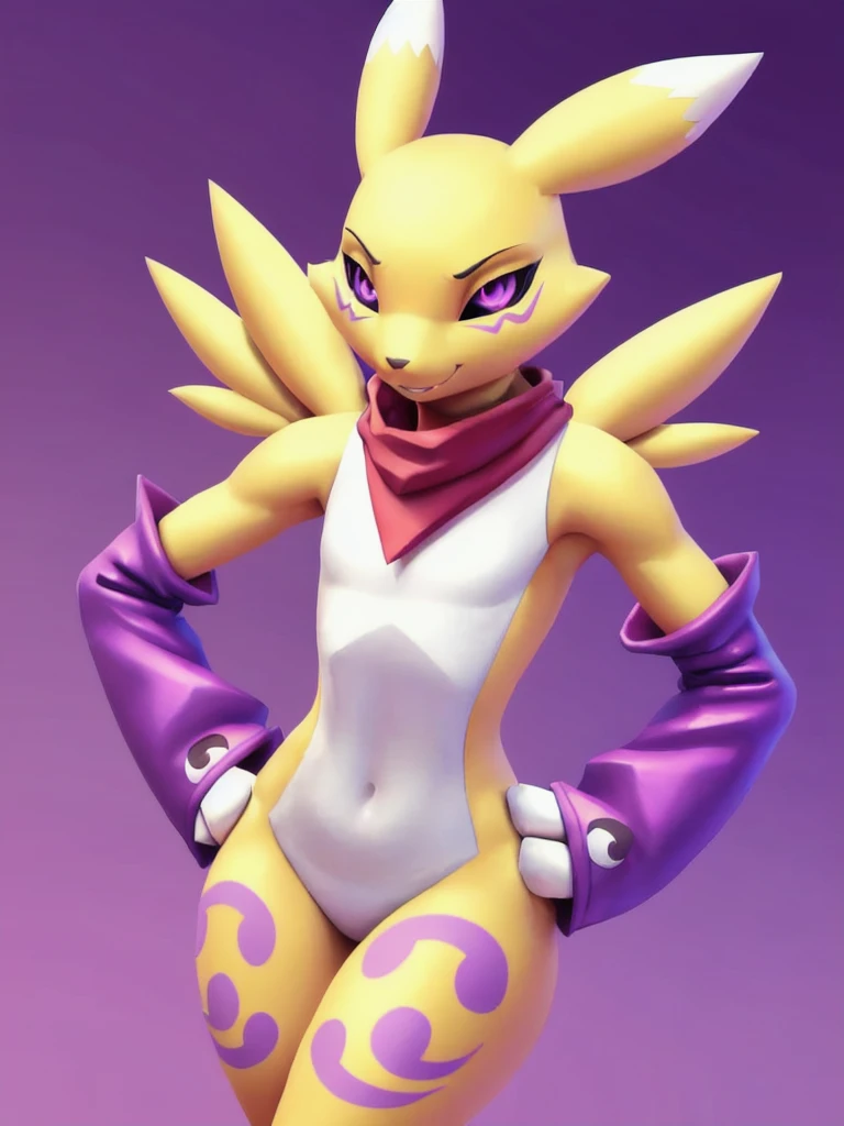 art by lemurfeature, (three fourths angle), ((fortnite art style)), (cute, female, ((renamon) and seductive eyes)), (wearing ((red bandana)) low poly), (wide cartoon eye sclera by pixar and tom fishbach), BREAK,
sleeves, ((low poly)), ((detailed low poly tail)), ((hip out)), furry, anthro, spread ears, solo, stand, pose, (right hand on hip), (left arm relaxed), (smirk smile), BREAK,
(colorful), fortnite menu, (((gradient (pink) and purple background))), high saturation, art by personalami, 3D, render, computer shading:2, BREAK,
multicolored body, cell shaded:.5,  ((masterpiece)), epic realistic, soft lighting, detailed fur, (intricate details), hdr, shiny skin:.25, small breasts, BREAK,
