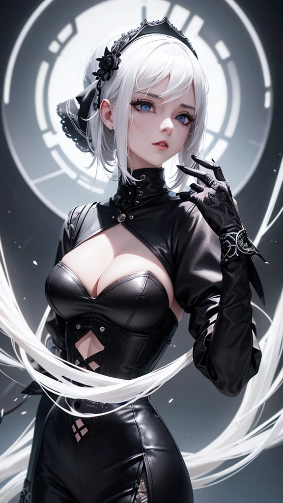 girl with white hair, black gloves, gothic,4K, masterpiece, perfect body, stem,perfect eyes, perfect shading, perfect lighting, best quality, work of art, ultra detailed, detailed clothing