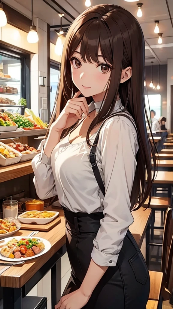 Gal、During meals、Cafe、Upper Body、Looks sleepy、Brown Hair、Around 25 years old、Anime style illustrations