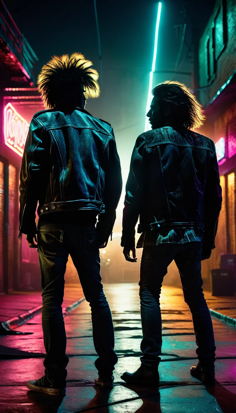 Two rockers heading in opposite directions,, rostos charmosos, ((both depicted as silhouettes with no visible facial features)). The background is a grungy urban environment with neon lights, moody lighting, and a cinematic angle. The scene is highly detailed and photorealistic, with an 8k resolution and an award-winning digital art style