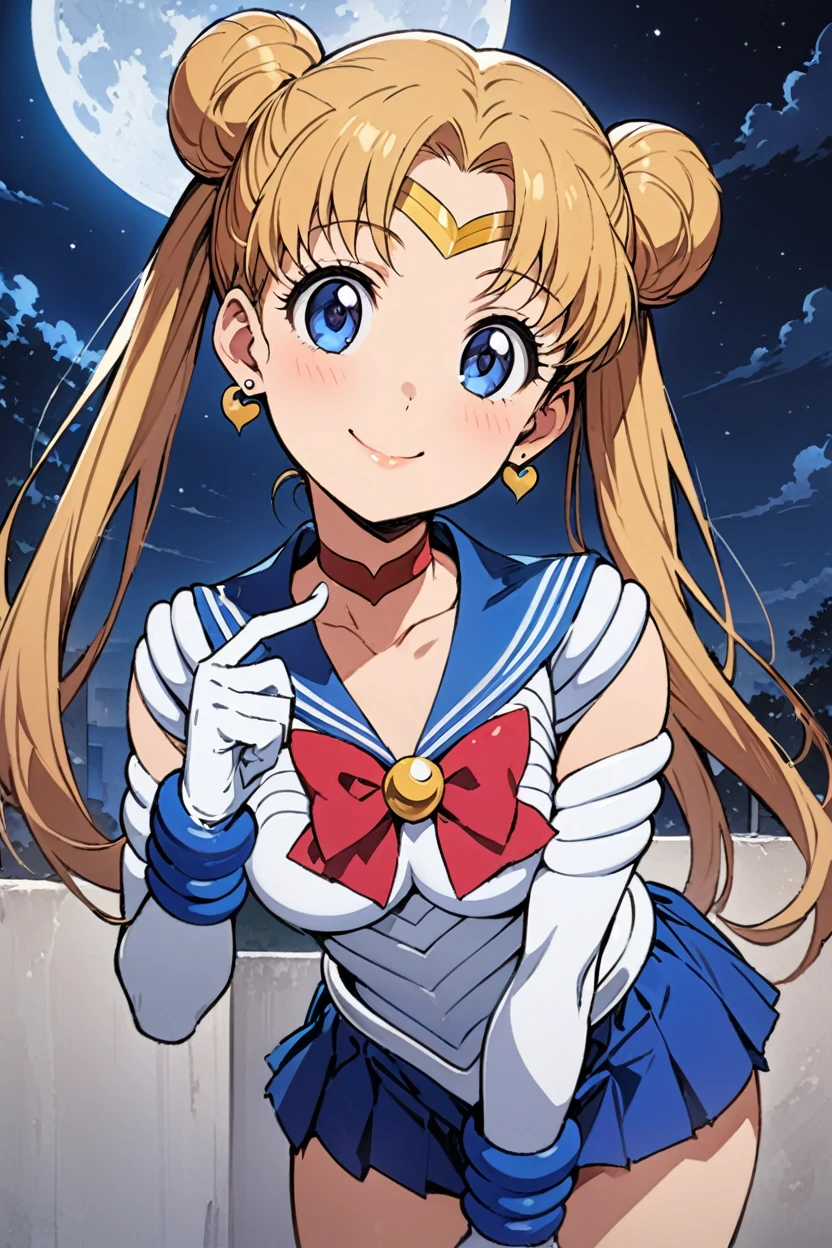 ((masterpiece,best quality)), highres, cute, eyelashes, nsfw, upper body, smile, leaning forward, finger on lips, tsukino usagi, 1girl, solo, long hair, breasts, looking at viewer, smile, bangs, blue eyes, skirt, blonde hair, gloves, bow, twintails, jewelry, closed mouth, heart, cowboy shot, pleated skirt, earrings, sky, choker, elbow gloves, cloud, white gloves, sailor collar, hair bun, red bow, blue skirt, parted bangs, double bun, night, magical girl, moon, blue sailor collar, crescent, night sky, full moon, circlet, red choker, sailor senshi uniform, crescent earrings, tsukino usagi,