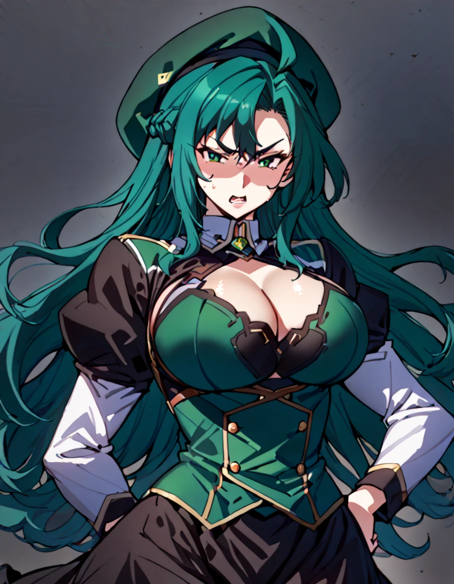 Anime, 1 girl, solo, kimtag, side-layered hairstyle, emerald colored hair, green eyes, furious face, busty, firm plump body, genetics's uniform , Juliet sleeves, deep cleavage, large beret,, large skirt, posing with her hands in the hip