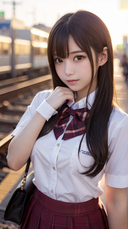 (masterpiece:1.2, Highest quality), Bokeh, 1 high school girl, (Japanese Idols:1.6), Plump breasts, Blushed, Looking at the audience, Standing on the train tracks, High School Uniform:1.6), sunset, close,