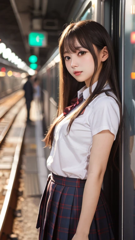 (masterpiece:1.2, Highest quality), Bokeh, 1 high school girl, (Japanese Idols:1.6), Plump breasts, Blushed, Looking at the audience, Standing on the train tracks, High School Uniform:1.6), sunset, close,