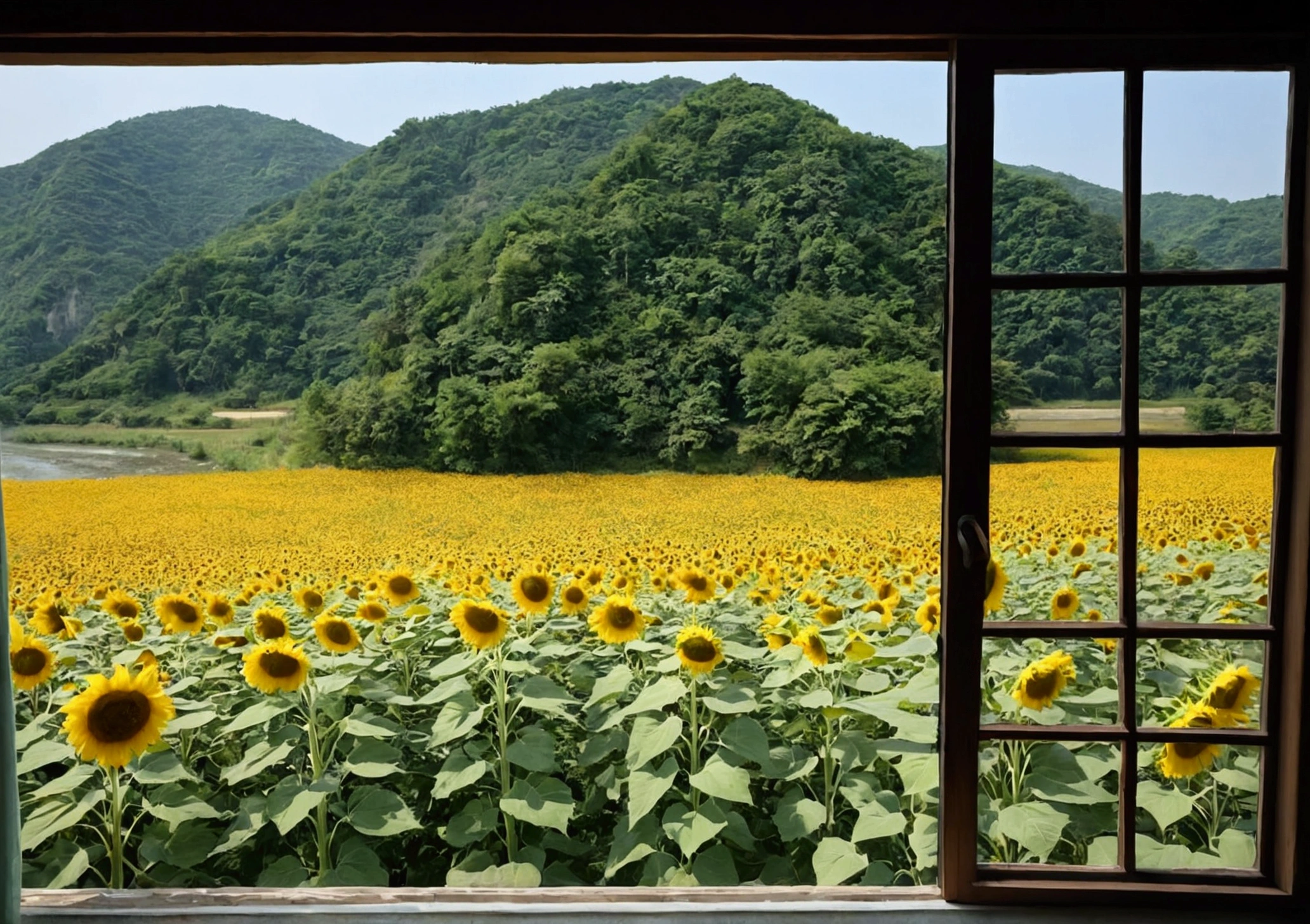 A window with a beautiful view, Daytime、summer、 river.Sunflower field