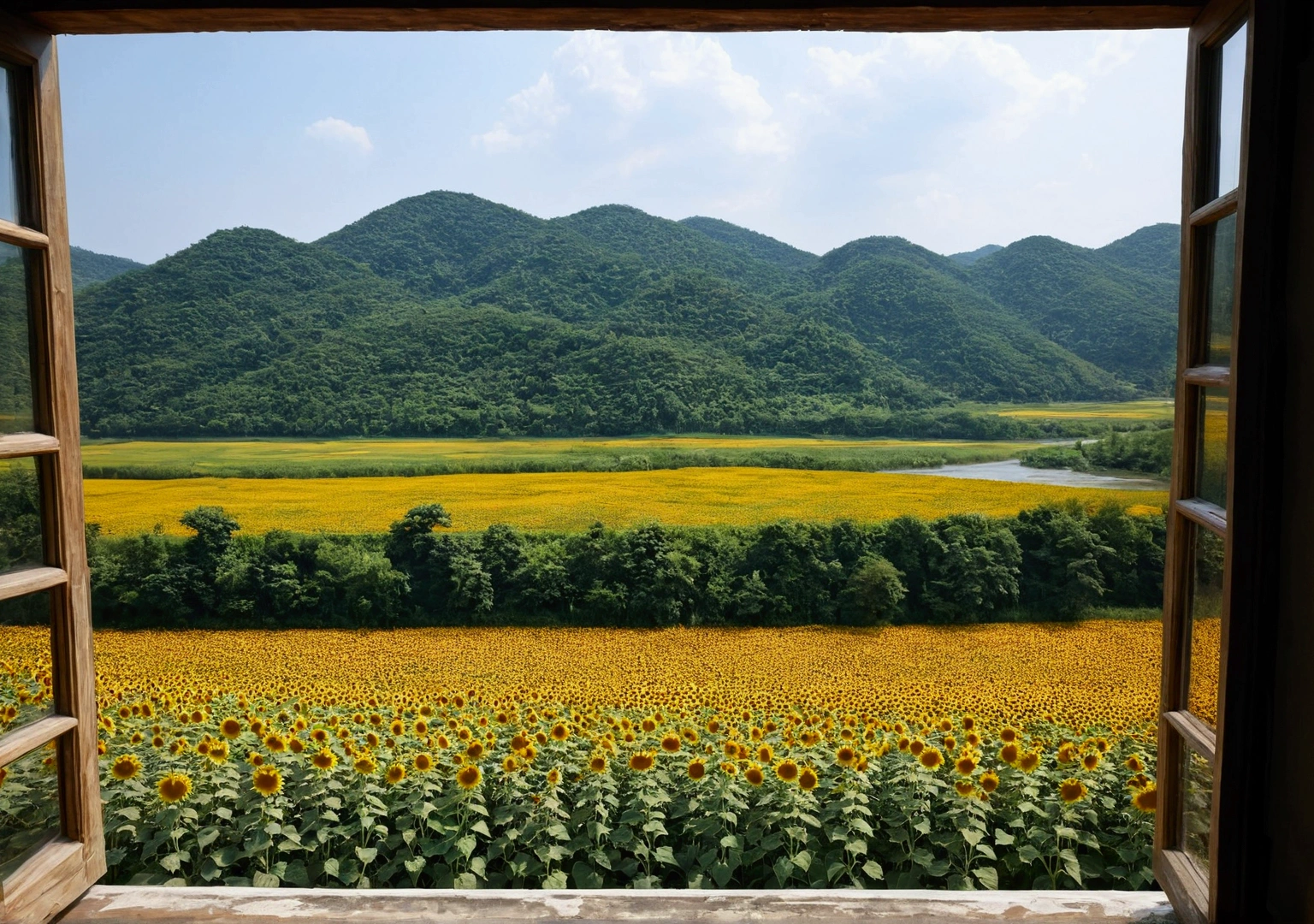 A window with a beautiful view, Daytime、summer、 river.Sunflower field