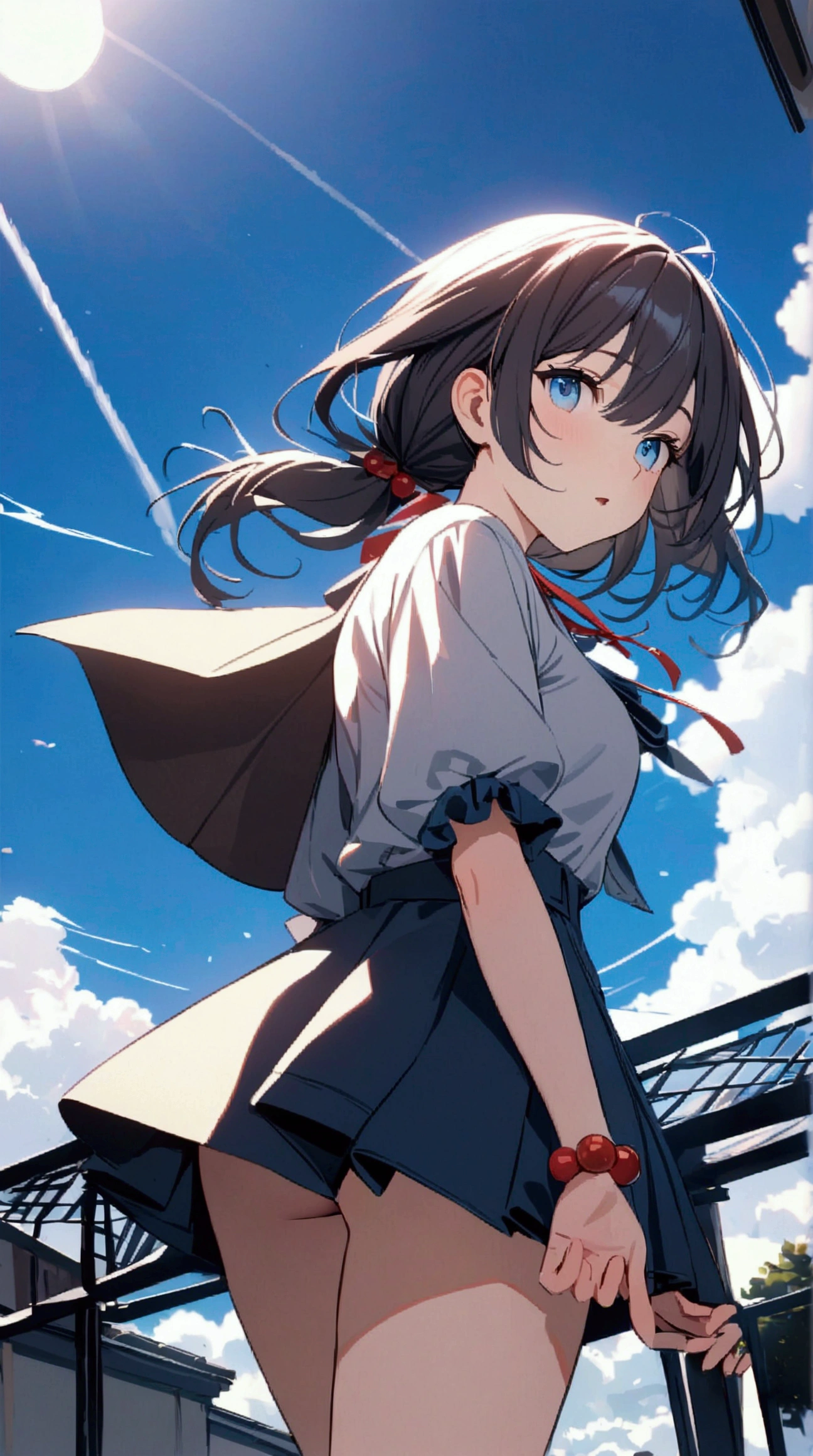 High resolution Beautiful blue eyes, full body expression, one girl, alone, blue sky background, bright, blue sky, clouds, sunny, student, young person, blue and white main color, solo focus, love, accessories, beautiful hairstyle, beautiful, beautiful eyes, gloss High Resolution, Zoom Out, Youthful Love, Quality (8K, Highly Detailed CG Unit Wallpaper, Masterpiece, High Resolution, Best Quality, Best Quality, Surreal, Increase Resolution, RAW Photo, Highest Quality, Very Detailed wallpapers, movie lighting, ray tracing, golden ratio\),