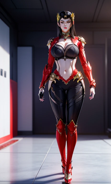 (1 Girl,Solitary:2), (Super detailed face), (( (Sagging breasts、Cleavage, cleveage、Thick thighs)), Perfect body, )), (Cleavage Top:1.5), (11-wire ABS female:1.4), (Mechanical arm guards:1.4), ((Wearing red mecha overwatch shiny armor suit short top, Black Mecha Skinny Suit Pants, Mechanical arm guardsOR LEGS, High heel:1.5)), (Full figure:1.3), (glowing skin:0.8), (Long legs, whole body:1.1), (Looking at the audience:1.3), (Female focus:0.886), (Walking the corridors of the future space station:1), (bright white room:1.3), Super texture, Unreal Engine Rendering, Physically Based Rendering, ultra HD, 16K, 1080P.