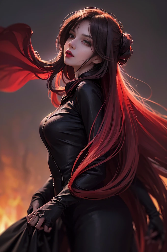 (skindentation:1.5), Realistic, Photorealistic, (masterpiece:1.5), concept art, intricate details, highly detailed, photorealistic, octane render, 8k, unreal engine, dynamic pose, best quality, highres, (realistic face:1.1), (hyperrealistic:1.1), (((full_body))), perfect eyes,(shiny skin:1.2), (((hairstyle))), (((perfect handtremely detailed background), ((dynamic background)), ((1girl)), (((wearing black jumpsuit, dark red long wizard cape))), ((detailed eyes, high quality eyes, high quality face)), (extremely intricate cape), red long hair, dramatic, depth of field, bokeh, 4k, (((underworld))), ((floating in the air)), (((black magic witch))), (((fierce eyes)))