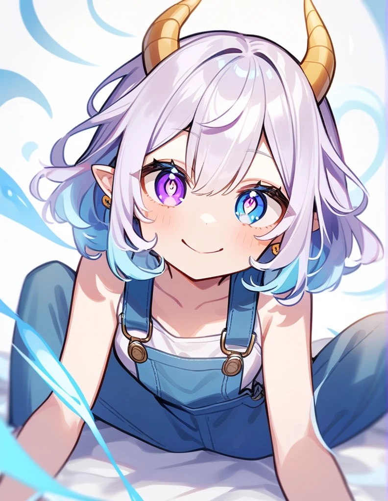 semi-long、Cold-colored hair、Overalls、On top、blue eyes, Purple eyes, Odd Eye, smile、Swirling pupils、The whites of the eyes are black、2 earrings、Horns growing、One girl,