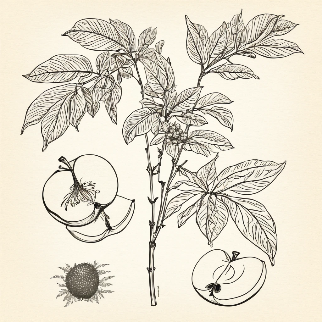 I want a drawing of a plant in the style of an old explanatory sketch, on a sheet of paper. The drawing must include all the elements of the plant: Estate, Stems, leaves, flowers and fruits. It is important that the style is detailed and realistic, as if it were part of a field notebook.The drawing should be in soft and natural tones, avoiding strong colors. Colors should be subtle, similar to those that might have been used in old illustrations, Illustrations must include anatomical details, as cross sections of fruits and seeds. The entire plant should be colorful but with soft tones. The fruit plant will be an apple