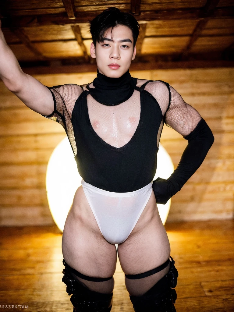 ((Best Quality, 8K, ultra-detailed, Masterpiece: 1.3)), 1boy, shiny skin, sharp, realistic shaded perfect body, (kpop idol face:1.1),("sexy mesh bodysuit, techwear,big bulge ":1.2),("leggins":1.1),(dynamic pose:1.1), thigh , battle field , (bulge focus:1.2), seductive pose, plump hips ,huge fat buttock , (((only boy ,  only male))),  (((unrealistic wide hips ,  unrealistic wide pelvis))) ,This photorealistic portrait combines the style of National Geographic., Capture every detail of his textured skin in 8k resolution. Leica digital SLR camera. His features were clearly visible., From the deep-set eyes to the chiselled jawline., Make this image a true masterpiece..Lift. (8K UHD、RAW Photography、Photorealistic Portrait Leica Digital SLR、Lifelike images)