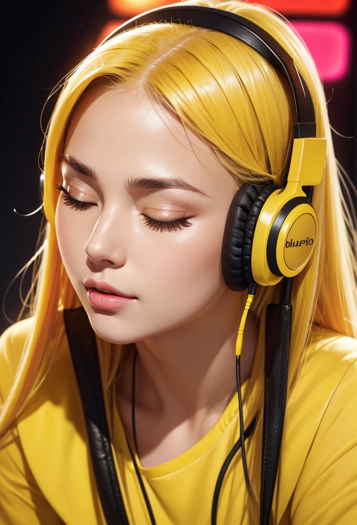 Close-up of a beautiful girl with eyes closed in satisfaction very long eyelashes with thick split lips bright yellow hair big breasts wearing a tight top, He is listening to music with his headphones, on a stage of very bright red and yellow LED lights with blur, very perfect and detailed high resolution image((Perfect face