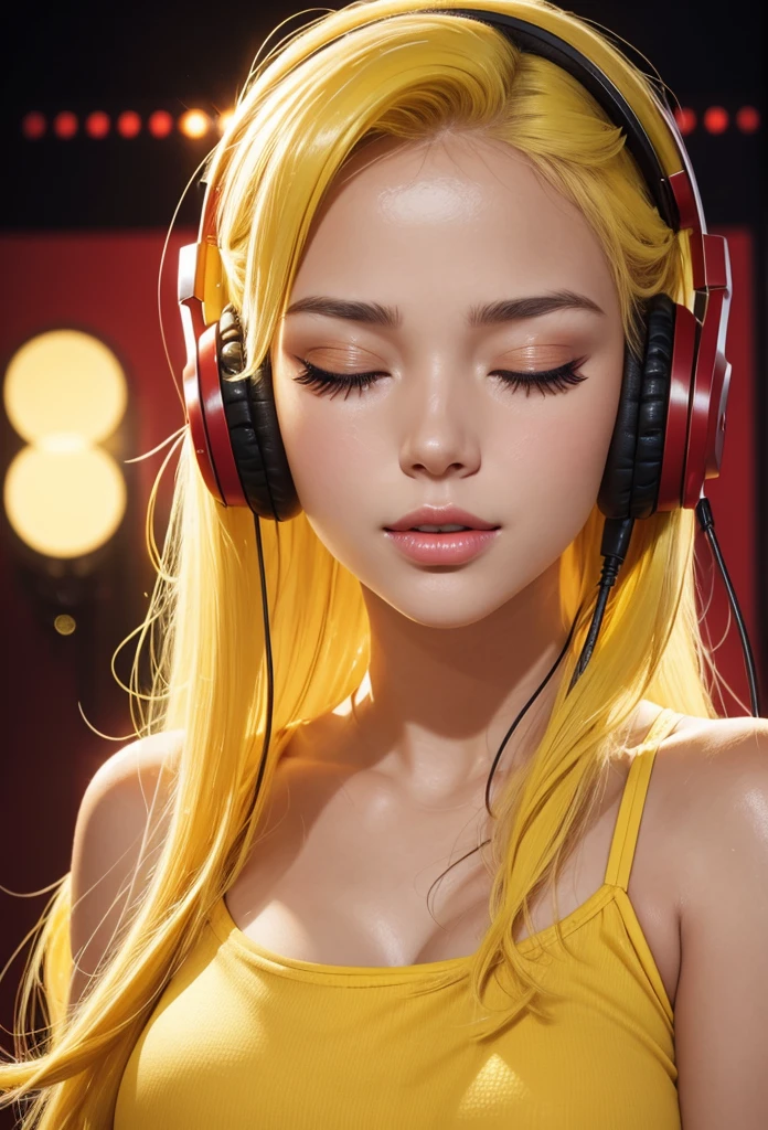 Close-up of a beautiful girl with eyes closed in satisfaction very long eyelashes with thick split lips bright yellow hair big breasts wearing a tight top, He is listening to music with his headphones, on a stage of very bright red and yellow LED lights with blur, very perfect and detailed high resolution image((Perfect face