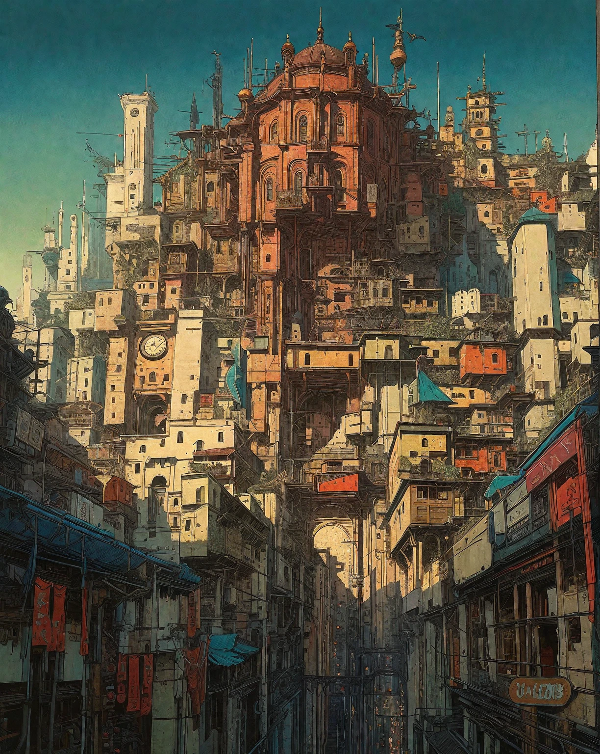 there is a drawing of a city with a clock tower, insanely highly detailed artwork, realistic painting of a complex, complex layered composition!!, expansive detailed layered city, realistic intricate concept art, big and structured valhalla city, multi layered huge architectures, insanely detailed art, atelier olschinsky, intricate cyberpunk city, intricate matte painting, intricate concept art