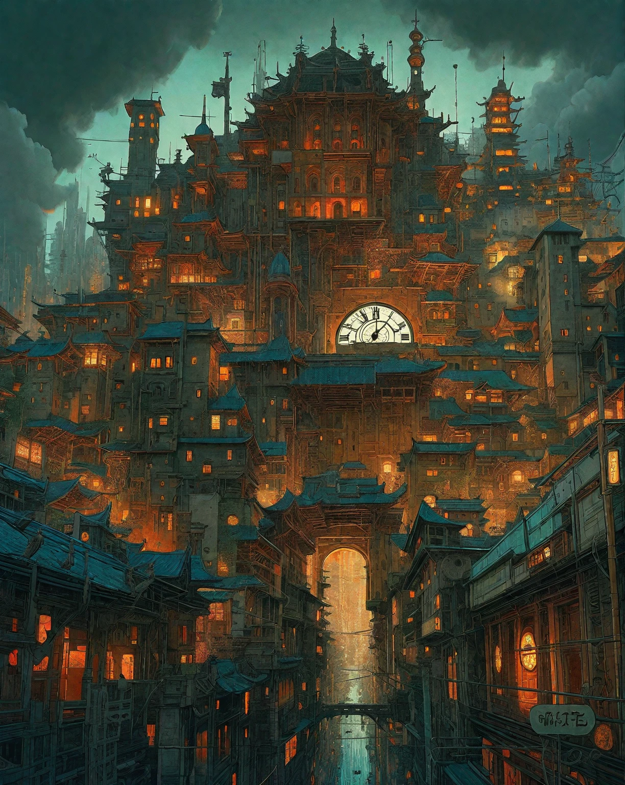 there is a drawing of a city with a clock tower, insanely highly detailed artwork, realistic painting of a complex, complex layered composition!!, expansive detailed layered city, realistic intricate concept art, big and structured valhalla city, multi layered huge architectures, insanely detailed art, atelier olschinsky, intricate cyberpunk city, intricate matte painting, intricate concept art