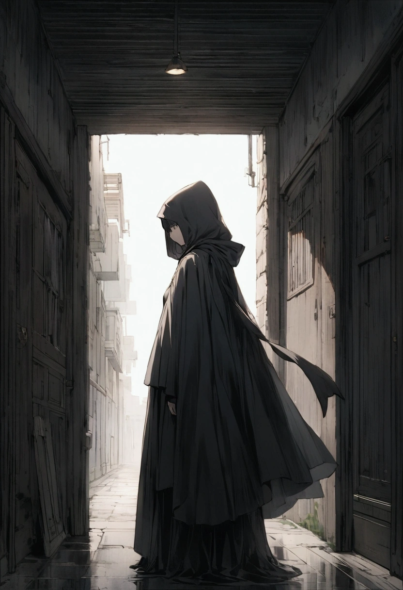 a black cape with a hood without details and does not reveal what is underneath anime style in the hallway of a very very dark school ( only the layer that does not show what I left there )