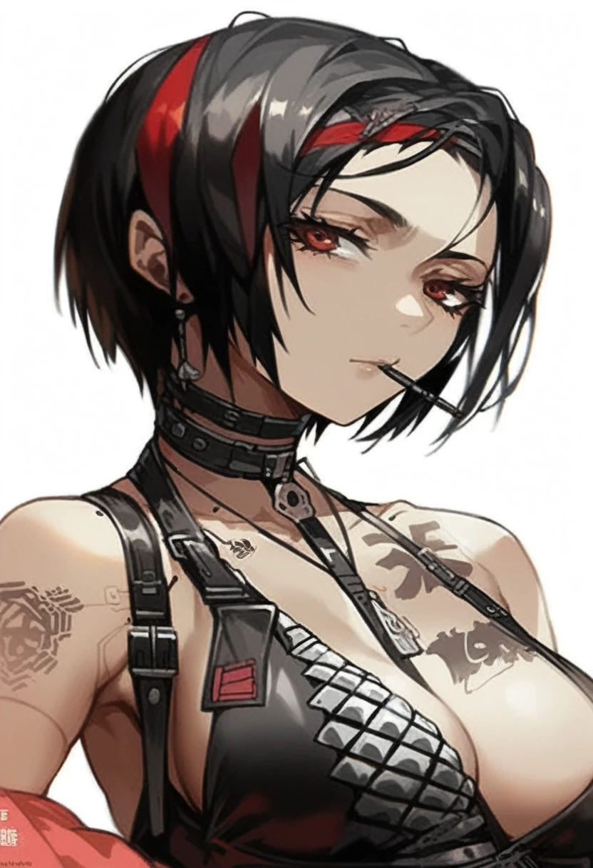 a close up of a woman with a tattoo on her chest, diesel punk female, seductive tifa lockhart portrait, pixiv 3dcg, portrait of tifa lockhart, tifa lockhart portrait, tifa, cyberpunk anime girl, seductive anime girl, tifa lockhart, female cyberpunk anime girl, jet black haired cyberpunk girl, detailed portrait of anime girl,singeki_no_kyojin_s4_style,