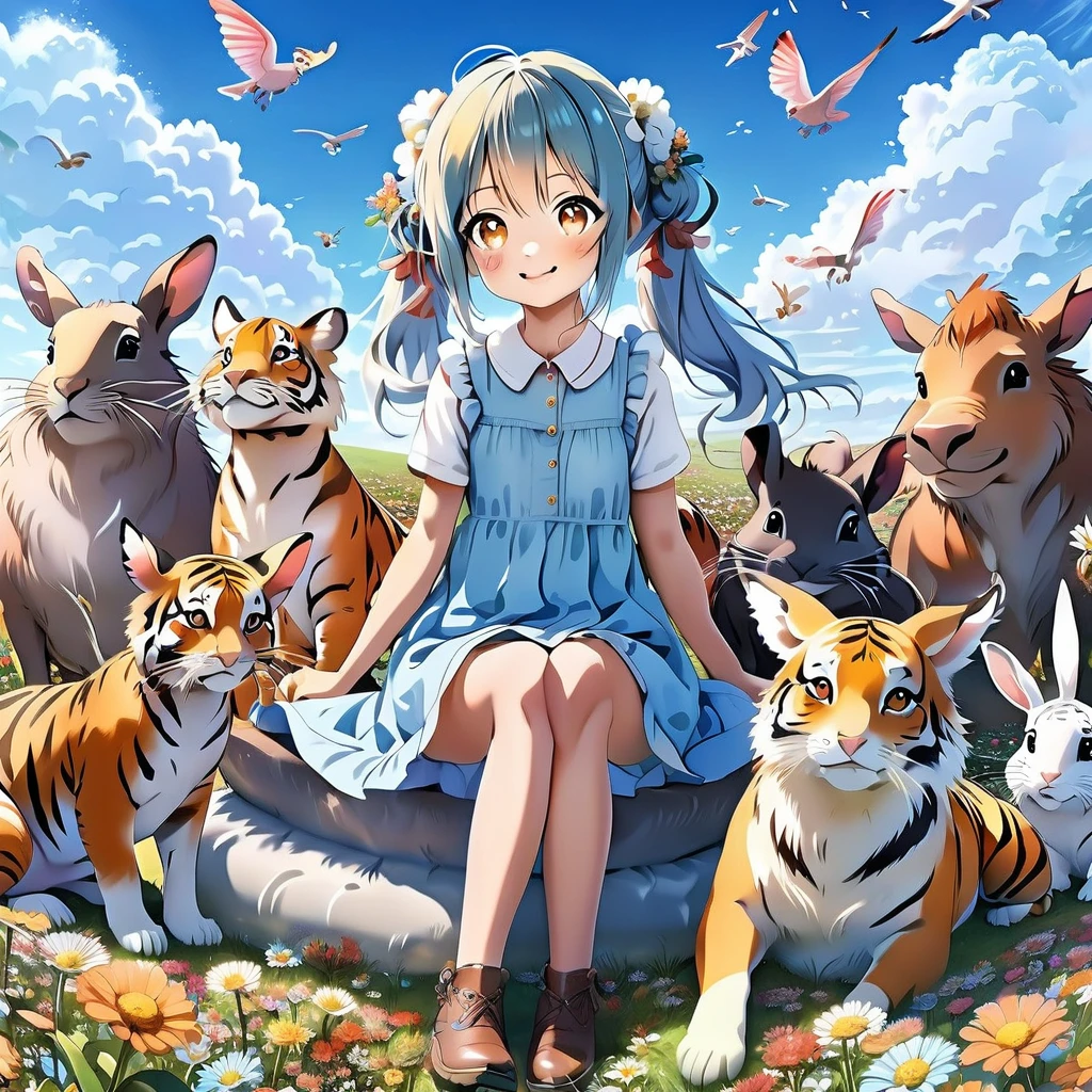 Anime girl sitting surrounded by animals in a flower field under a blue sky, Light blue long hair、Twin tails 、Bright smile、Tiger dragon mouse or rat ox Rabbit snake sheep dog pig monkey bird horse Anime fantasy illustration,