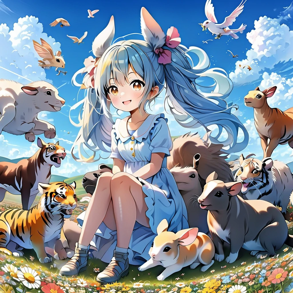 Anime girl sitting surrounded by animals in a flower field under a blue sky, Light blue long hair、Twin tails 、Bright smile、Tiger dragon mouse or rat ox Rabbit snake sheep dog pig monkey bird horse Anime fantasy illustration,