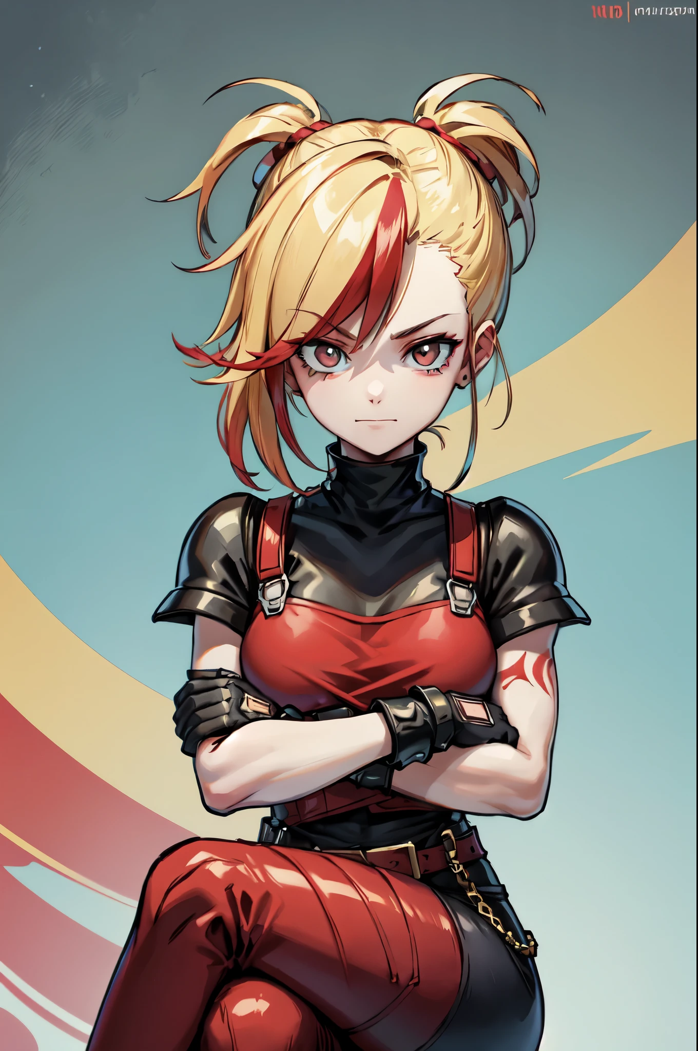 (masterpiece, best quality:1.2), red glowing eyes, red eyes, the eyes are red, perfect face, strong make up, highres, 1 girl, ultra long ponytail, (female:1.5), strife, blonde hair streaked with lots of red highlights, two colors hair (blond and red), hight flame mistress outfit, shoulder armor, sleeveless turtleneck, suspenders, belt, gloves, bracer pre potent smile, crossing legs, crossing arms , evil smile, evil pose, sitting, portrait, looking at viewer, Her hair is streaked with lots red and blonde highlights, moon tribal tattoo.