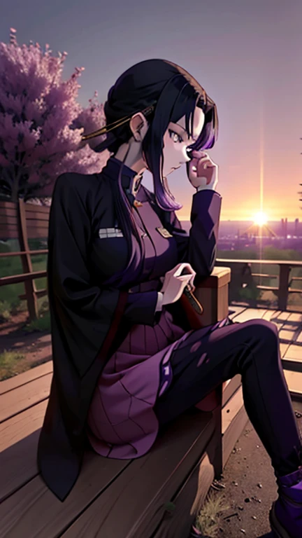 demon slayer anime style,  Kotouji Agamaki, 1 girl 22 years old, serious and calm with gold eyes and pronounced eyebrows, Long straight braided hair surrounding your hair, dark purple hair with the most striking violet tips and two side sideburns of hair and long bangs, She wears a long-sleeved hunter uniform with a dark magenta skirt and everything., a katana, a black japanese coat with gold floral).   Kimetsu no yaiba anime. Sitting on her legs, in a fic, next to a window from head to toe with landscape background of a cherry tree and a sunset,