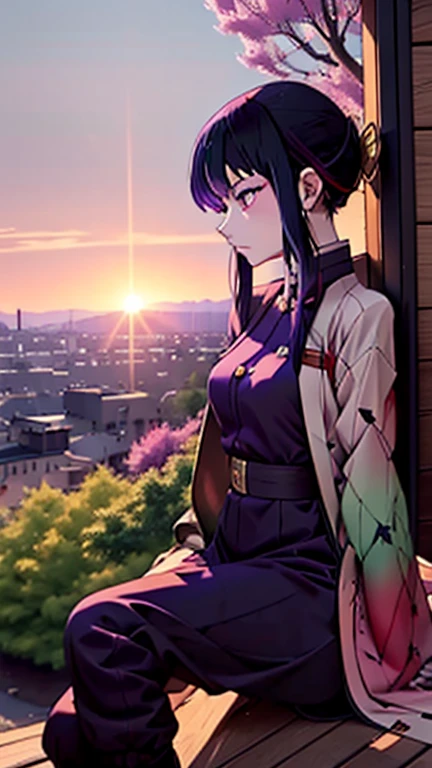 demon slayer anime style, Kotouji Agamaki, 1 girl 22 years old, serious and calm with gold eyes and pronounced eyebrows, Long straight braided hair surrounding your hair, dark purple hair with the most striking violet tips and two side sideburns of hair and long bangs, She wears a long-sleeved hunter uniform with a dark magenta skirt and everything., a katana, a black japanese coat with gold floral). Kimetsu no yaiba anime. Sitting on her legs, in a fic, next to a window from head to toe with landscape background of a cherry tree and a sunset,