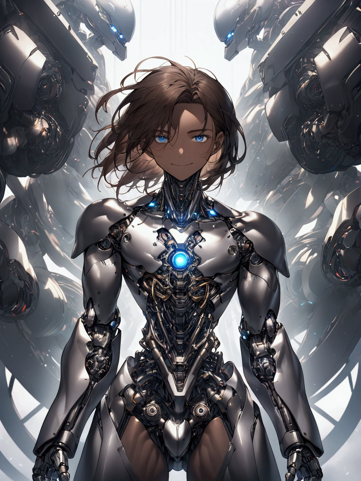 ((masterpiece)), ((best quality)), (from front, facing front), (cyber, war robot), 1man, adult man, solo, black skin, long brown hair, blue eyes, solid white robot armor, smiling hyper-detailed, metallic sheen, futuristic, mechanical, striking, powerful, awe-inspiring, moody, atmospheric