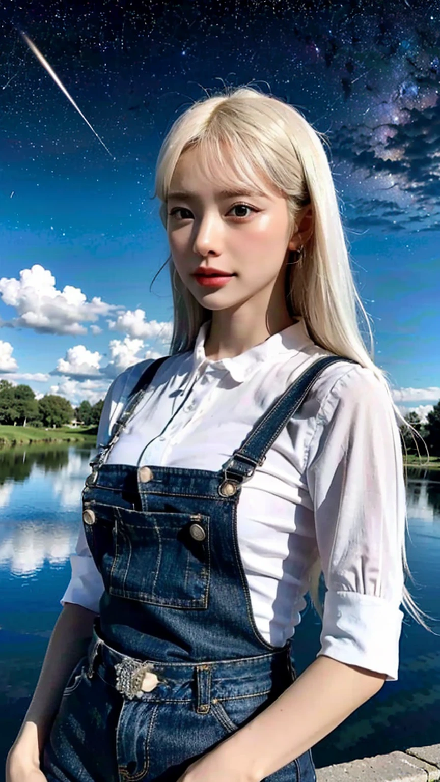 (8k, Highest quality, masterpiece:1.2)Highest quality, 1people, (Skin dents), (Huge breasts), (Day), bright, Blur the background, Open, (street:0.6), (people々, crowd:1), (blouse:1.5), wonderful, (white hair:1.5), (floating hair:1.5), (Dynamic pose:0.8), ayanami_king,Soft lighting, Wind, deer,In detail, Official Art, Absurd, incredibly Absurd,Large file size, cloud, rain,null,Wind景, cloudy,plane,bag,Giant Sword,Highly detailed eyes and face, Beautiful attention to detail,Overalls, star_\(null\), length_hair, starry_null, Bodysuits, ((Ultra-Realistic Details)), Portraiture,(starry null:1.5),(shooting stars:1.5),(Milky Way:1.543), Global Illumination, Shadow, Octane Rendering, 8k,Solar flare, soft Shadow, bright色, Landscape effect, Dreamlike atmosphere resting on a picturesque lake, Distant Mountain々, willow, Calm water, reflection, sunlit clouds, Peaceful atmosphere, 美しい夕Day, Ultra Sharp,Metal,difficult, Decorations detailed, Cool colors, More about Egypt, highly difficult details, Realistic Light, Trending cgsociety, Shining Eyes,городской Wind景,Jacket,cloudy_null, road, plane, Ruin, lamp post, School_uniform,