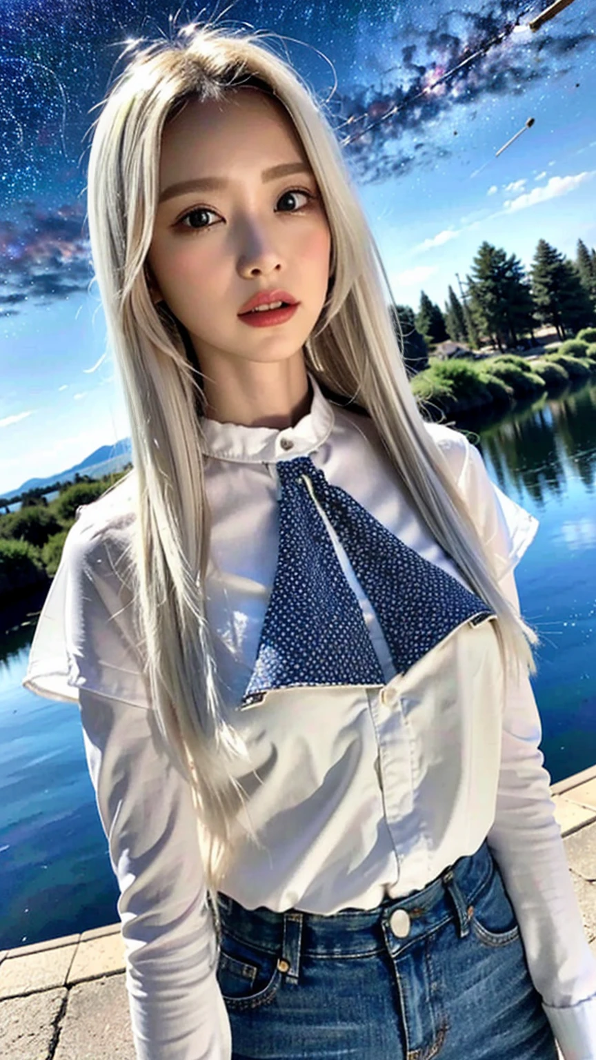 (8k, Highest quality, masterpiece:1.2)Highest quality, 1people, (Skin dents), (Huge breasts), (Day), bright, Blur the background, Open, (street:0.6), (people々, crowd:1), (blouse:1.5), wonderful, (white hair:1.5), (floating hair:1.5), (Dynamic pose:0.8), ayanami_king,Soft lighting, Wind, deer,In detail, Official Art, Absurd, incredibly Absurd,Large file size, cloud, rain,null,Wind景, cloudy,plane,bag,Giant Sword,Highly detailed eyes and face, Beautiful attention to detail,Overalls, star_\(null\), length_hair, starry_null, Bodysuits, ((Ultra-Realistic Details)), Portraiture,(starry null:1.5),(shooting stars:1.5),(Milky Way:1.543), Global Illumination, Shadow, Octane Rendering, 8k,Solar flare, soft Shadow, bright色, Landscape effect, Dreamlike atmosphere resting on a picturesque lake, Distant Mountain々, willow, Calm water, reflection, sunlit clouds, Peaceful atmosphere, 美しい夕Day, Ultra Sharp,Metal,difficult, Decorations detailed, Cool colors, More about Egypt, highly difficult details, Realistic Light, Trending cgsociety, Shining Eyes,городской Wind景,Jacket,cloudy_null, road, plane, Ruin, lamp post, School_uniform,