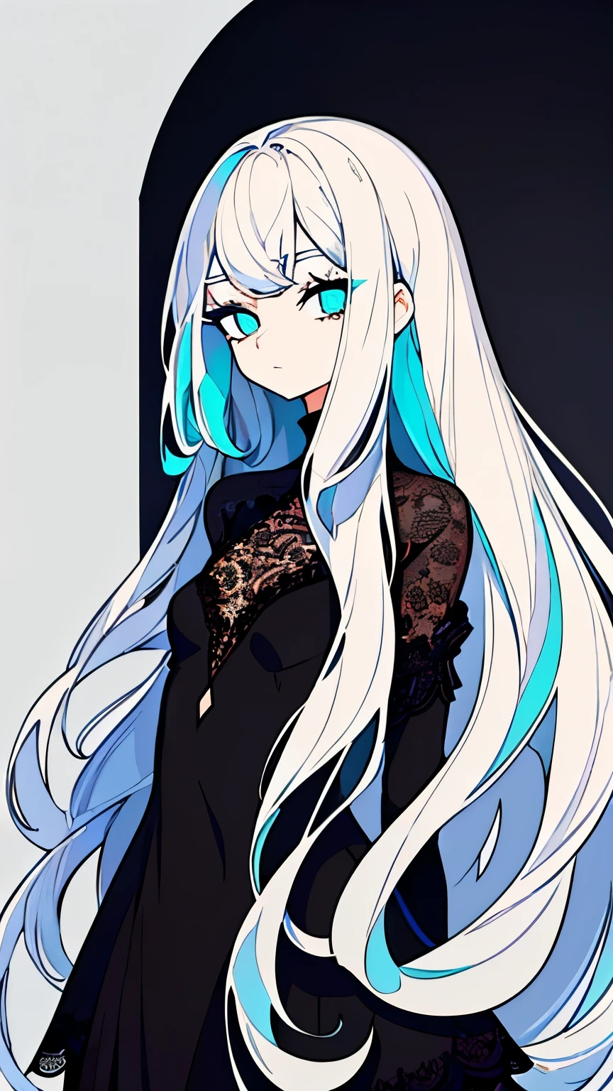 Ultra-precision,masterpiece, Highest quality,Full body portrait,girl,Beautiful girl,(Look at me),Beautiful face,((Silver Hair)),Long Hair,Straight bangs,((Cyan eyes)),Detailed slanted eyes,Long eyelashes,Cool look,(((Black dress with lace))),Slender figure,Small breasts,Simple Background,
