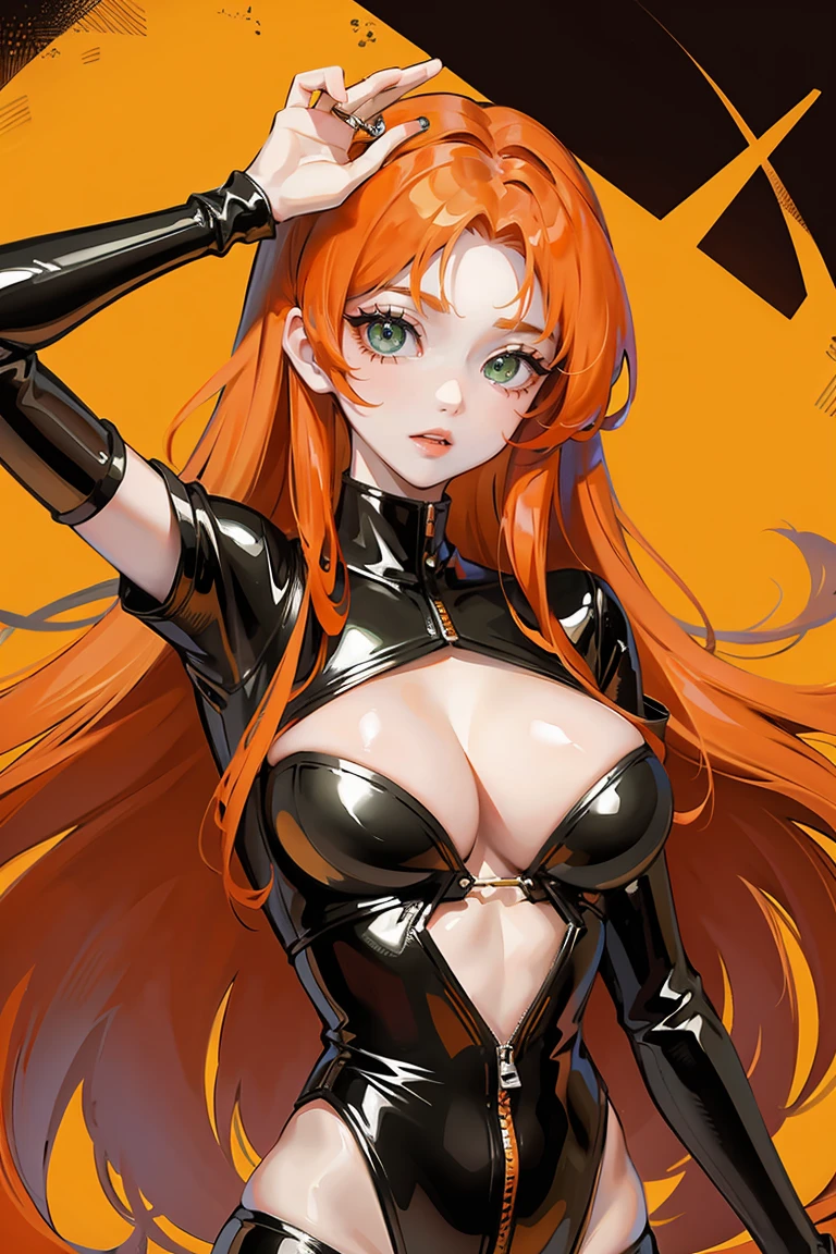 long orange hair, green eyes, holding money, latex, ssmirk, large cleavage, pale skin