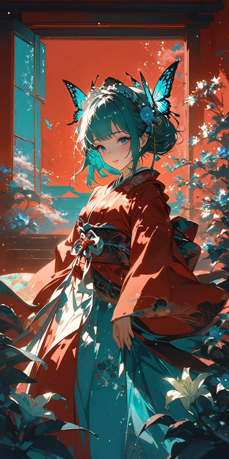 moonlight backlight,light particles,masterpiece, lily,blue flower,aqua color flower,fluttering petals,flower headdress,shining butterfly,window, a girl in a red geisha costume, very gorgeous kimono, large-scale murals, multilayered dimensions, red sky, Red Japanese architecture, anime wallpaper lovely red lantern girl, in the style of stage-like environments, japanese-style landscapes, digital art techniques