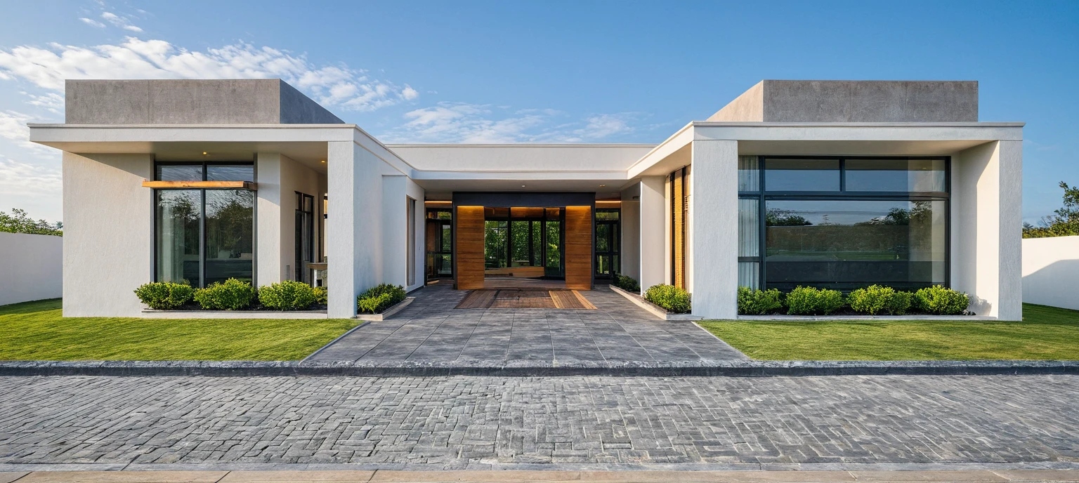 Masterpiece, high quality, best quality, authentic, super detail, outdoors, onestoreyvillaXL, aiaigroup, house style modern on the street ,stairs, white wall ,road,pavement, grass, trees, sky, cloud, (daylight:1.1)