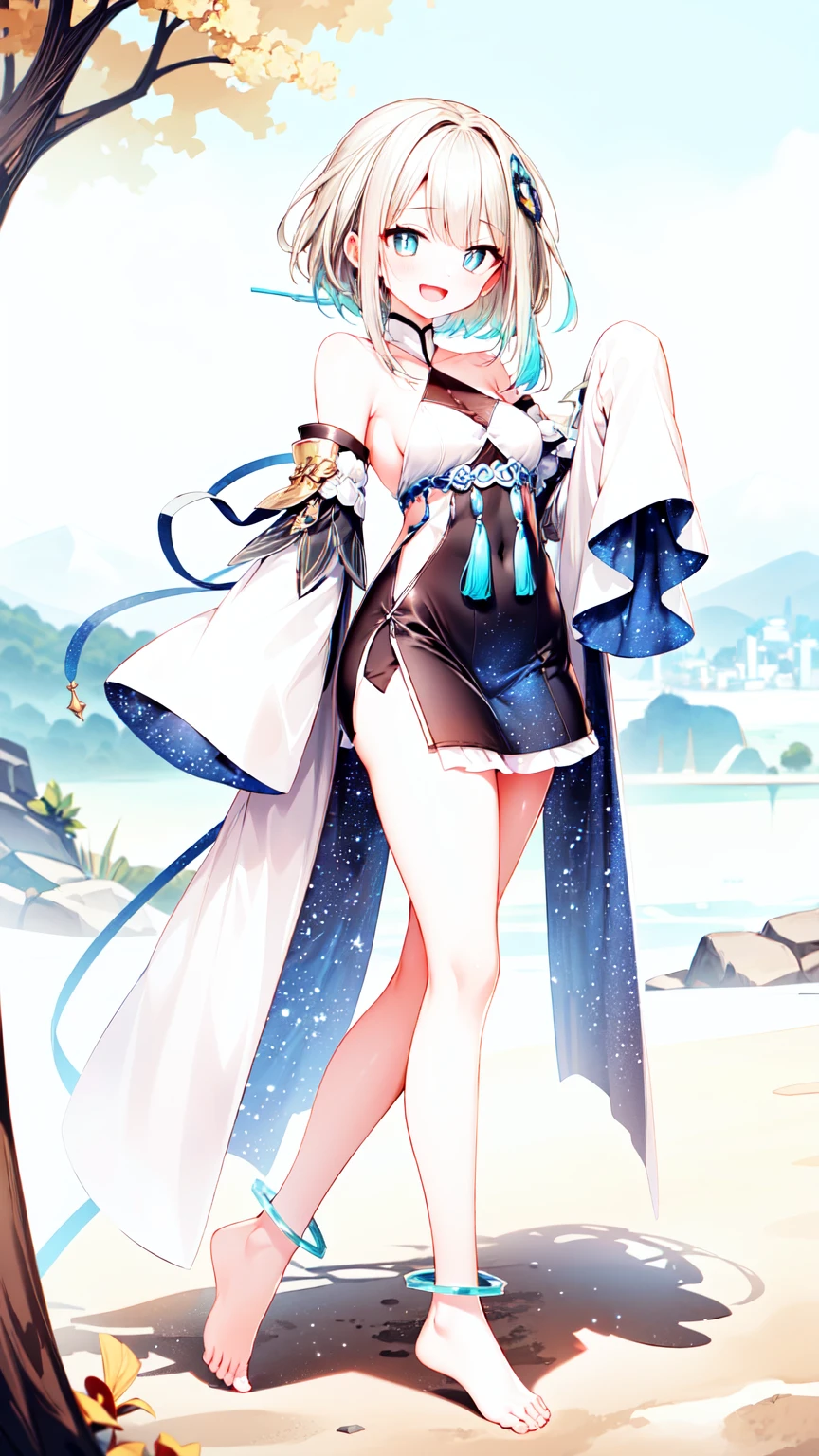 (extremely detailed CG), (best quality), 1girl, perfect face, bright pupils, (finely detailed beautiful eyes), shiny skin, lustrous skin, wide hips, narrow waist,
guizhong \(genshin impact\), multicolored hair, grey hair, blue hair, hair ornament, long hair, low ponytail, long sidelocks, detached sleeves, sleeves past wrists, wide sleeves, dress, chinese clothes, halterneck, starry sky print, tassel, barefoot, anklet, full body, depth of field, standing, :d, mountainous horizon, nature, from side