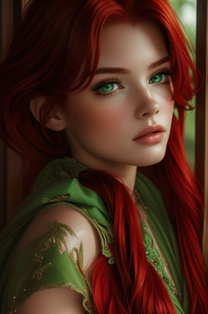 16 year old Shannon Tweed, ultra detailed face, ultra detailed green eyes, (((red hair))), (dress), (((masterpiece)))