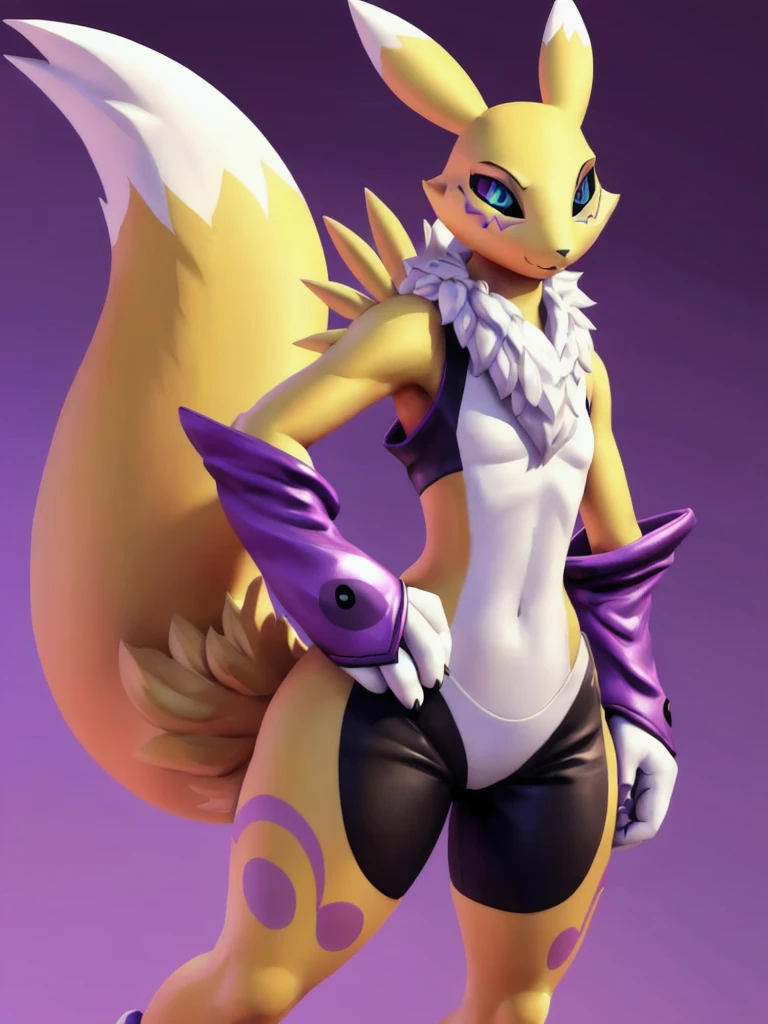 art by lemurfeature, (three fourths angle), ((fortnite art style)), (female, ((renamon)) with black fur and gold eyes), (wearing Egyptian style jewelry), (wide cartoon eye sclera by pixar and tom fishbach), BREAK,
sleeves, ((low poly)), ((detailed low poly tail)), ((hip out)), furry, anthro, spread ears, solo, stand, pose, (right hand on hip), (left arm relaxed), (smirk smile), BREAK,
(colorful), fortnite menu, (((gradient (pink) and purple background))), high saturation, art by personalami, 3D, render, computer shading:2, BREAK,
multicolored body, cell shaded:.5,  ((masterpiece)), epic realistic, soft lighting, detailed fur, (intricate details), hdr, shiny skin:.25, small breasts, BREAK,
