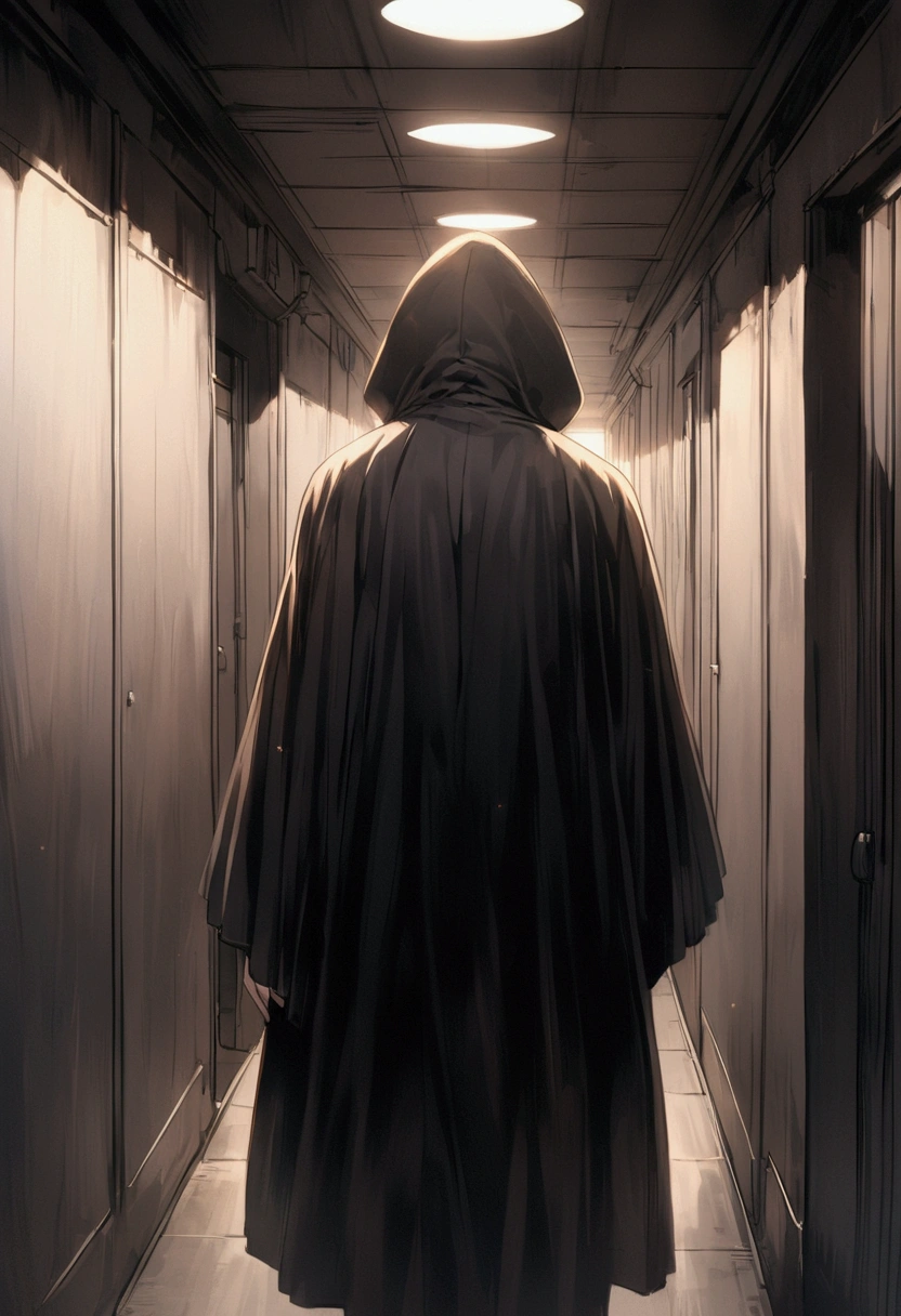a black cape with a hood without details and does not reveal what is underneath anime style in the hallway of a very very dark school ( only the layer that does not show what I left there )